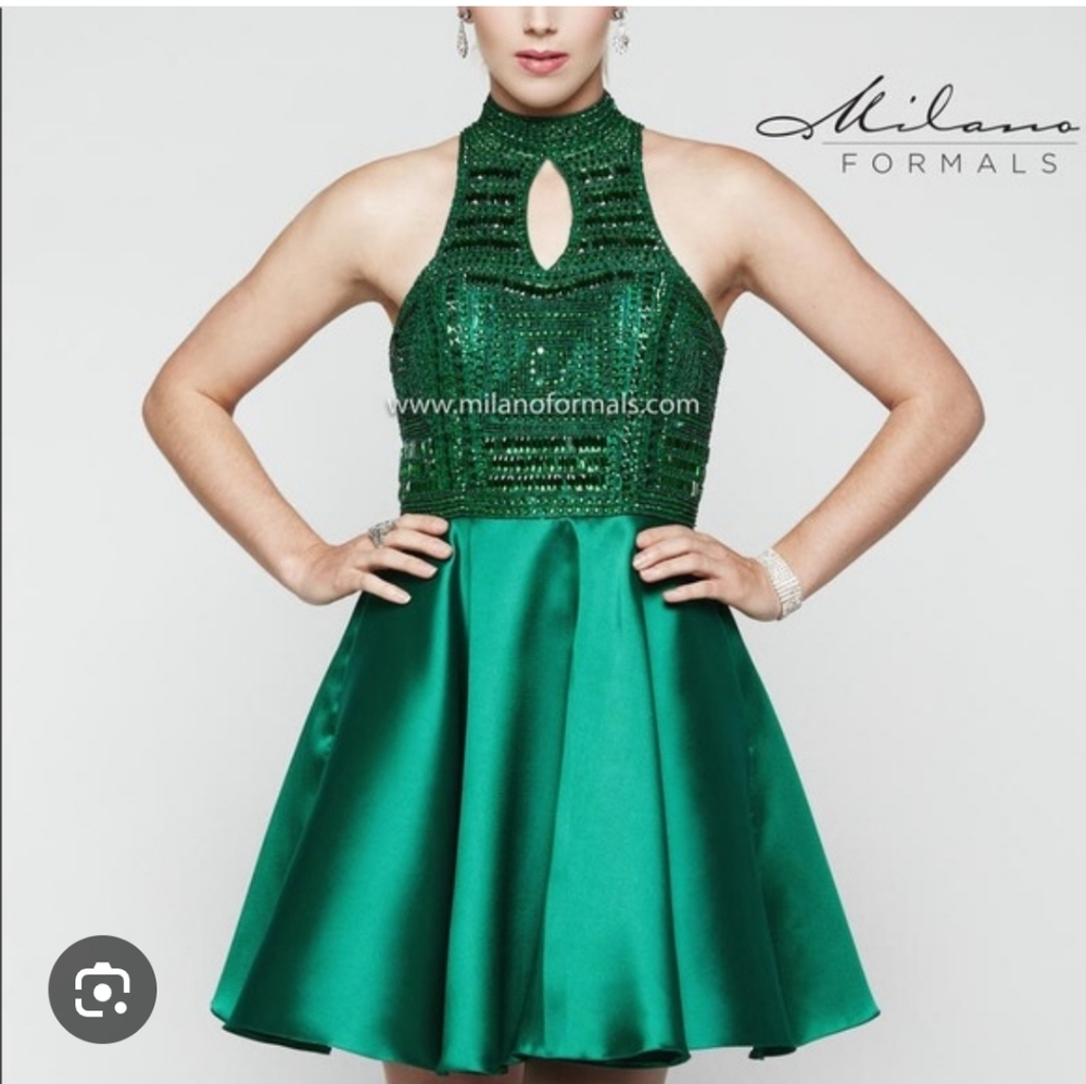 Size 8 green short/cocktail homecoming dress with beaded bodice and mikado flare
